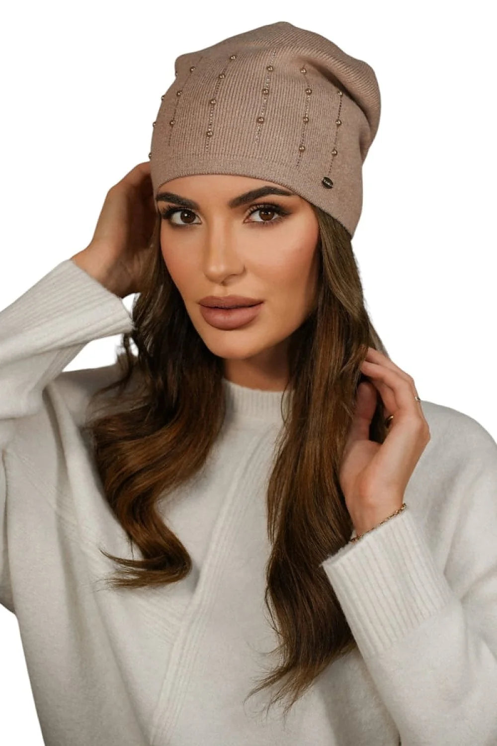 Bonnet élégant pour femme beige décoration perles style moderne matière douce confort froid automne hiver
