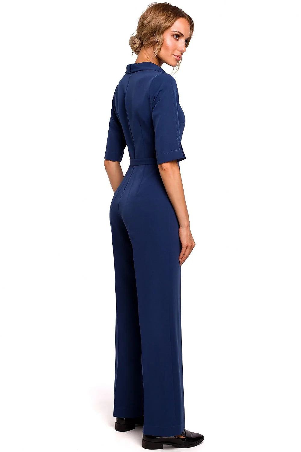 combinaison noire élégante moderne coupe droite jambes larges taille marquée ceinture manches trois quarts poches latérales polyester stretch