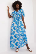 Robe de jour longue Italy Moda coupe évasée col V volants ceinture motif feuilles bleues polyester viscose femme
