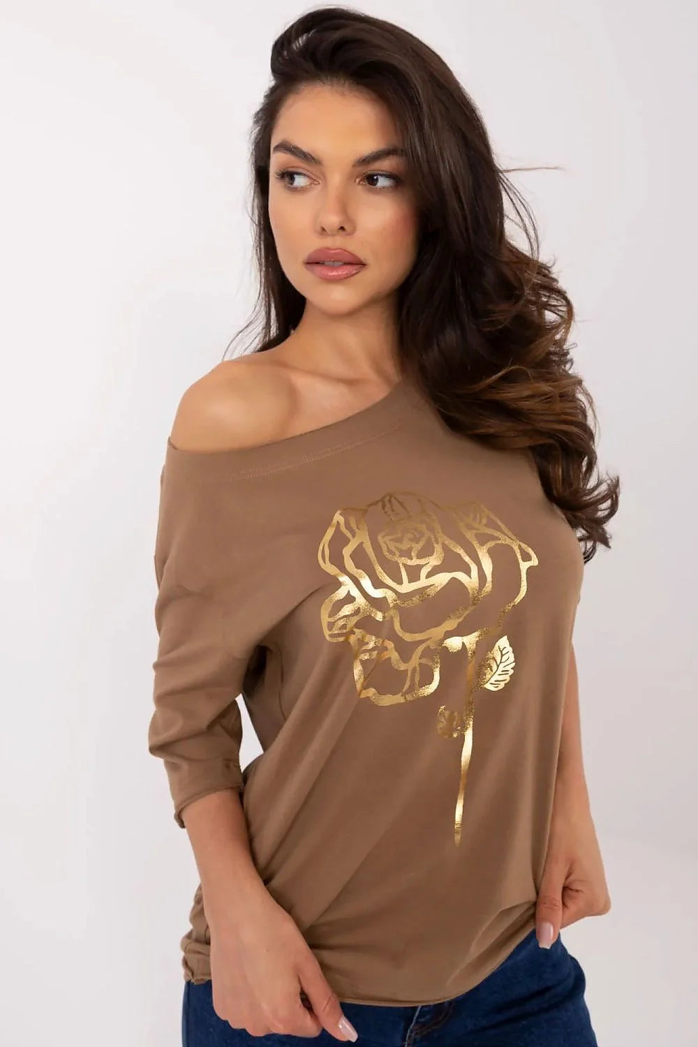T-shirt femme décontracté moderne imprimé rose dorée marron clair manches courtes encolure légèrement dégagée