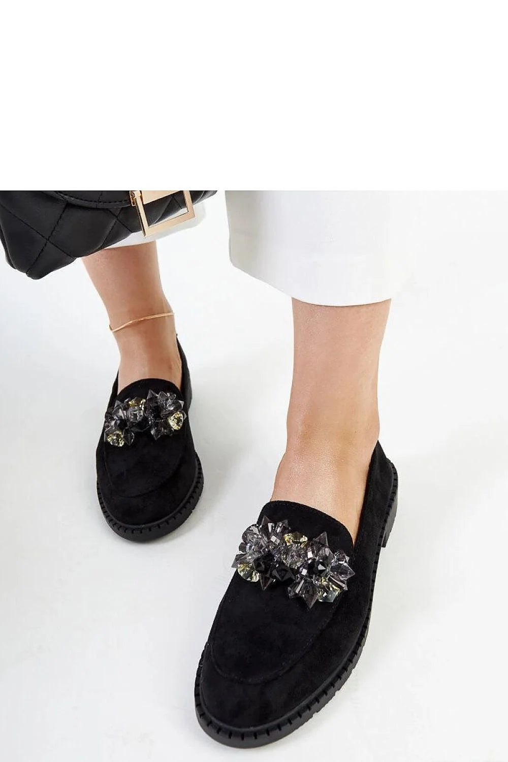 Mocassins pour femme élégants en daim noir, style moderne, confort maximal, occasion spéciale, printemps-été, cuir écologique, talon 3 cm, pierres décoratives, classiques, intemporels, occasions décontractées, style raffiné, mode féminine