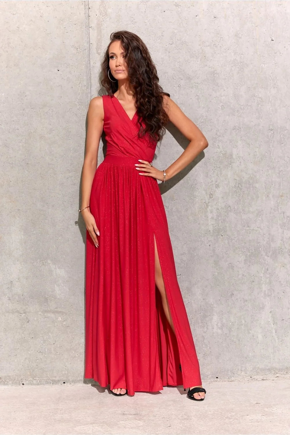 Robe longue élégante sans manches couleur rouge vif en tissu scintillant fente haute dos ajustable pour femme
