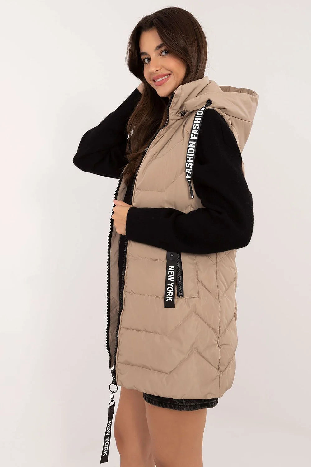 Gilet sans manches pour femme style urbain moderne décontracté coupe longue zippé capuche rembourrée beige clair polyester fonctionnel graphique occasions multiples