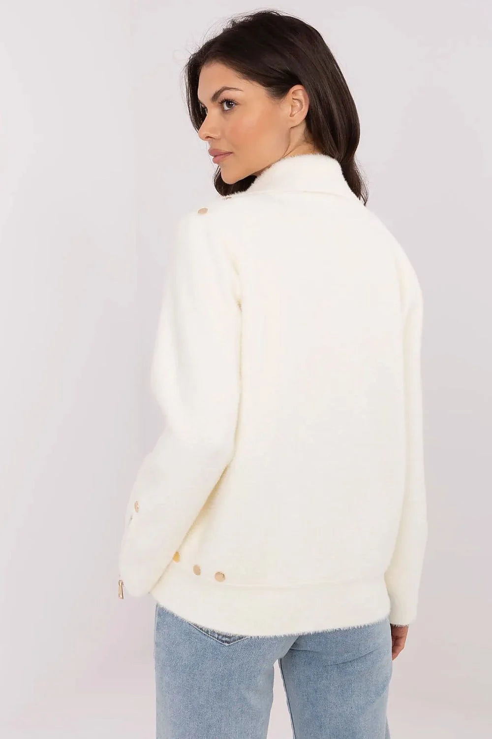 Manteau femme élégant moderne coupe droite col cranté fermeture éclair dorée boutons décoratifs manches longues poignets zippés poches inclinées laine mélangée
