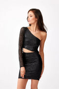 robe soirée asymétrique longue manches longues sequins noire taille ajustable femme élégante sensuelle scintillante cintrée glamour moulante stretch doublée