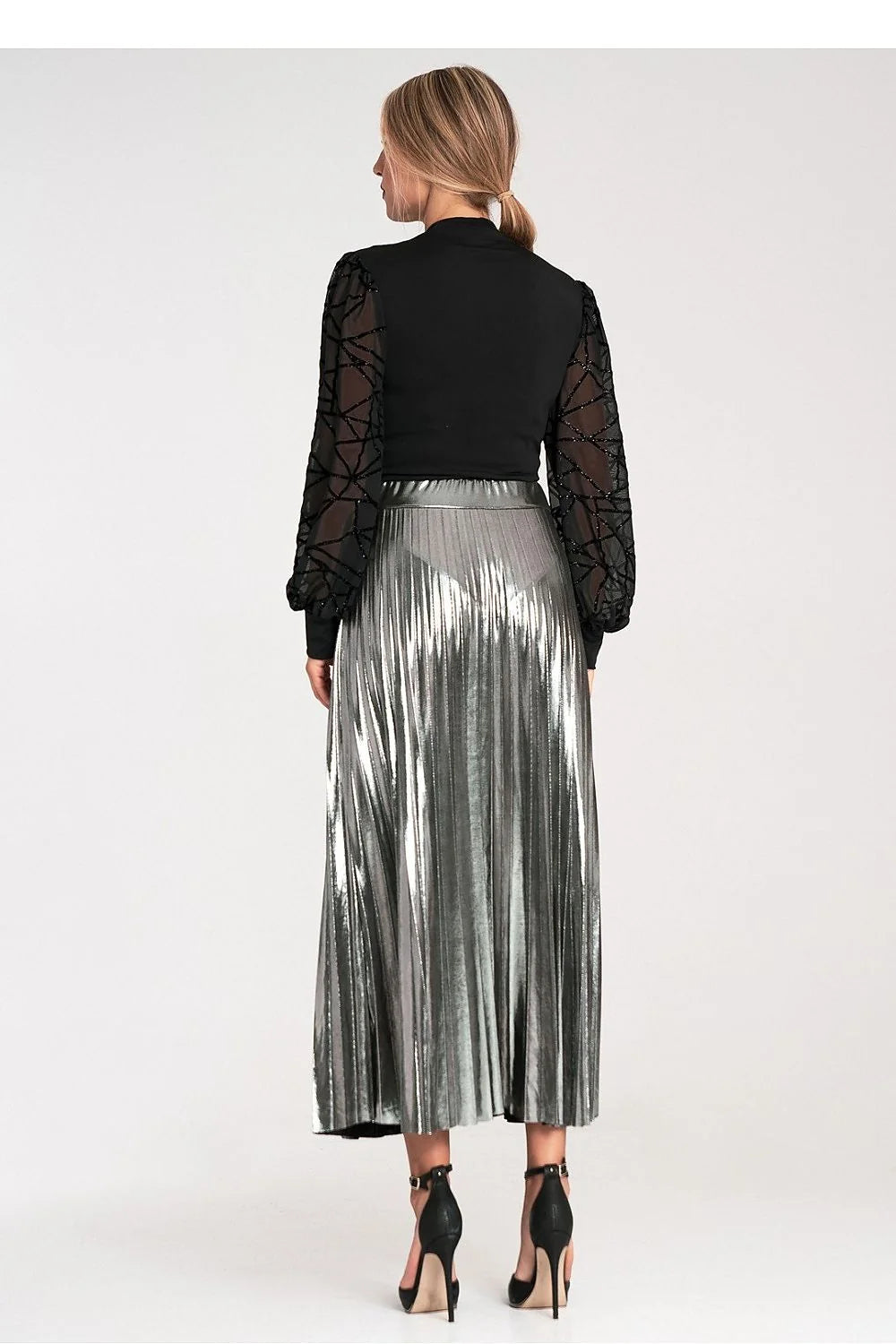 body cachecoeur noir colV profond jersey stretch moulant taille cintrée manches longues bouffantes tulle transparentes broderies géométriques scintillantes perles sequins