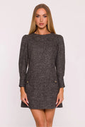robe tweed chiné gris anthracite courte manches longues froncées épaules poches bijoux nœuds dorés trapèze ajustée hanches mini structurée bouclée