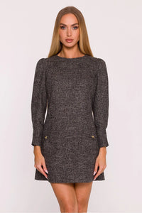robe tweed chiné gris anthracite courte manches longues froncées épaules poches bijoux nœuds dorés trapèze ajustée hanches mini structurée bouclée