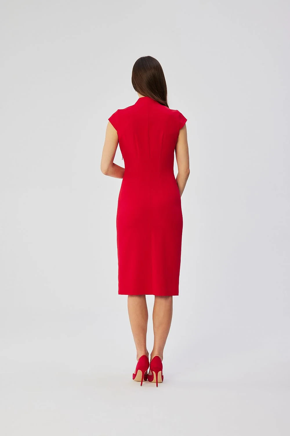 Robe de jour élégante rouge vif en V manches cap ajustée femmes tissu léger occasionnels