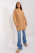 Pull long tricoté pour femme, motif torsadé, col montant côtelé, manches longues bouffantes, couleur beige camel, coupe ample, laine synthétique, automne-hiver