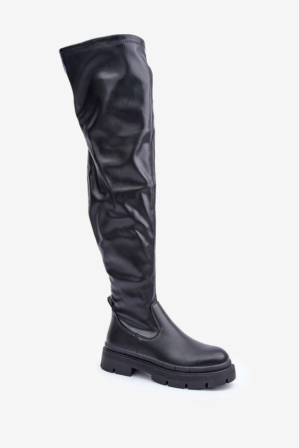 Bottes cuissardes élégantes en simili cuir noires hautes genou montantes zip latéral semelle épaisse femme confortable mode urbain