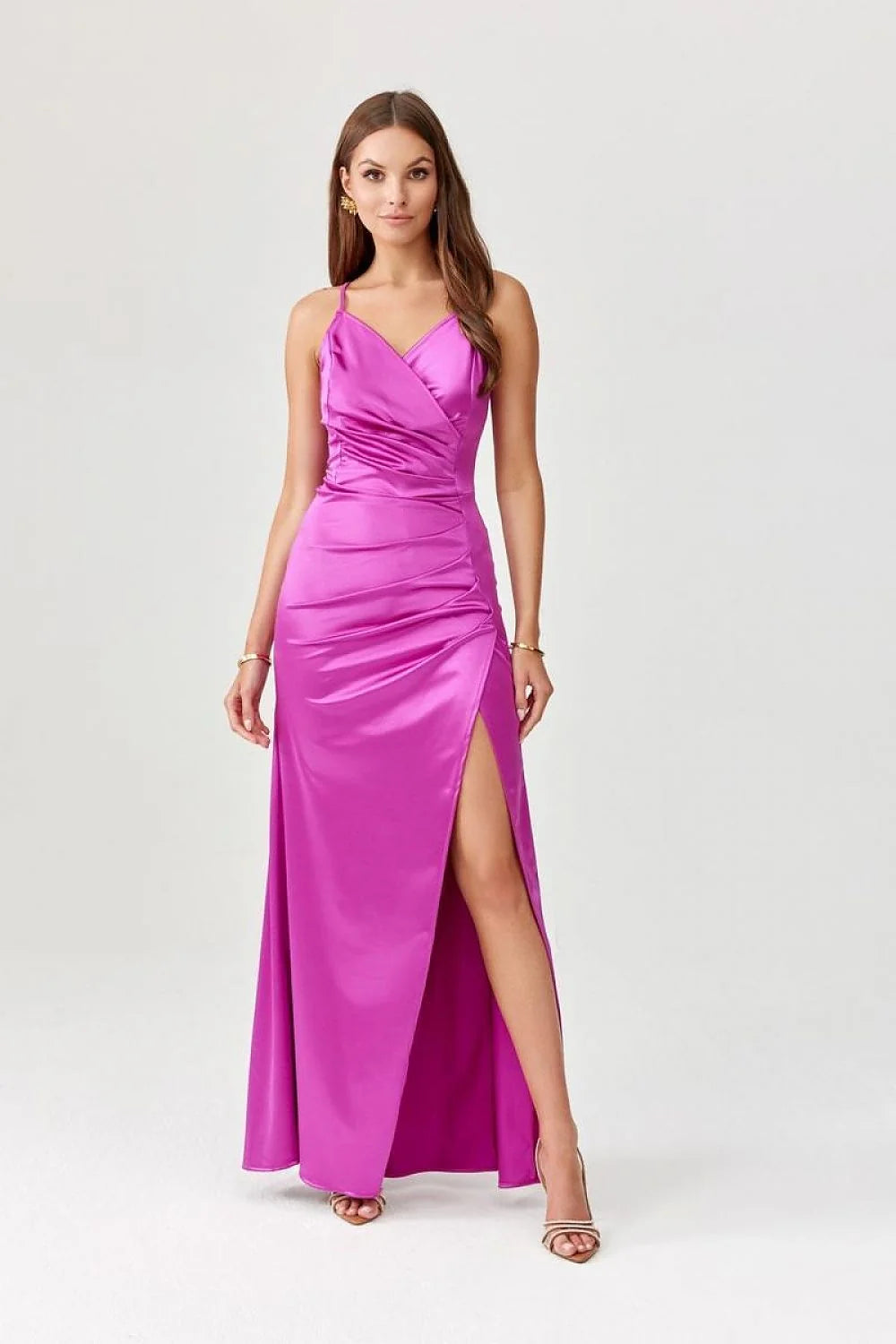 Robe longue élégante pour femme en satin violet vif dos nu encolure V bretelles spaghetti fente haute occasion spéciale