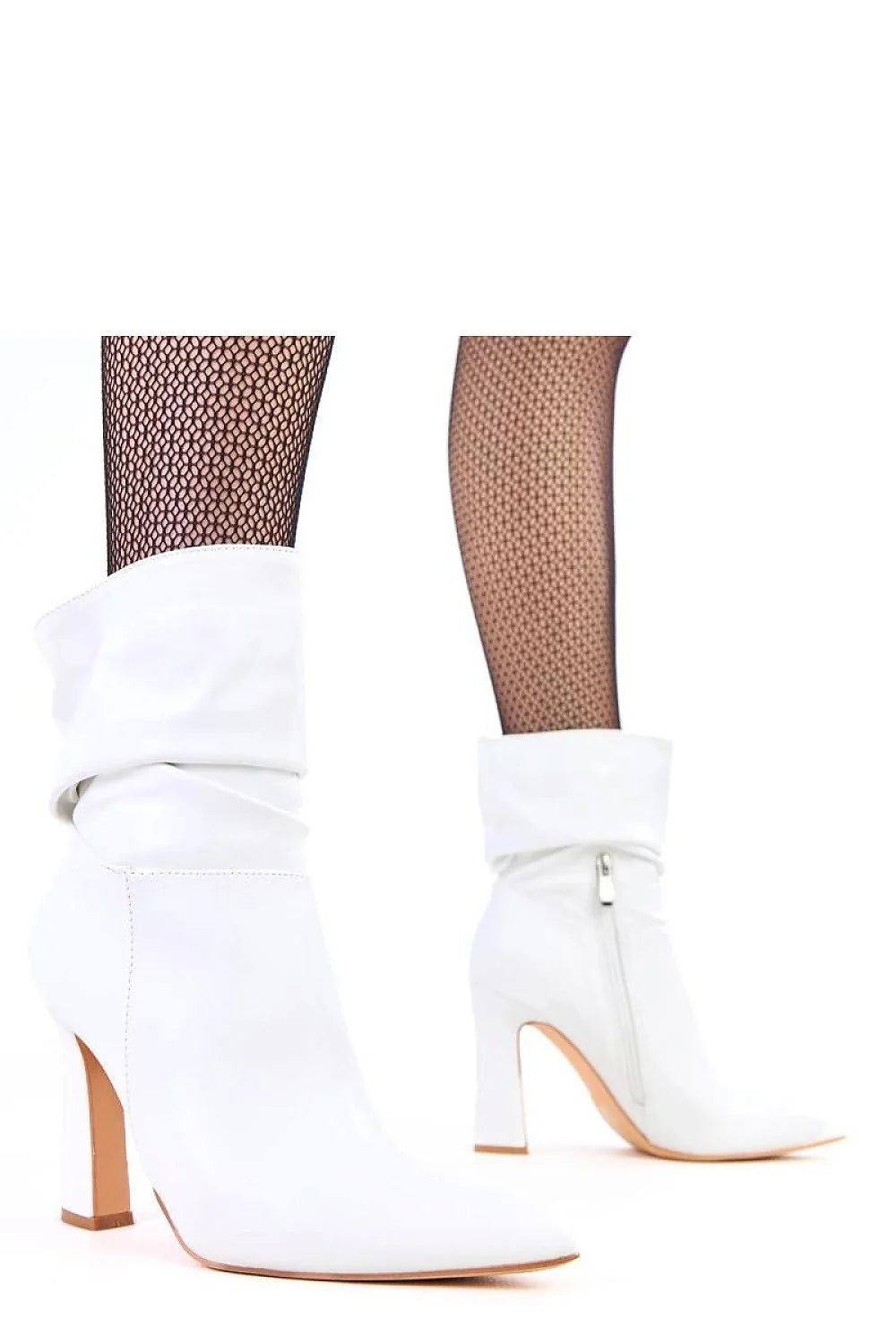 bottines femme blanches similicuir bout pointu talon bloc haut tige plissée 14cm fermeture éclair semelle contrastée confortable élégantes