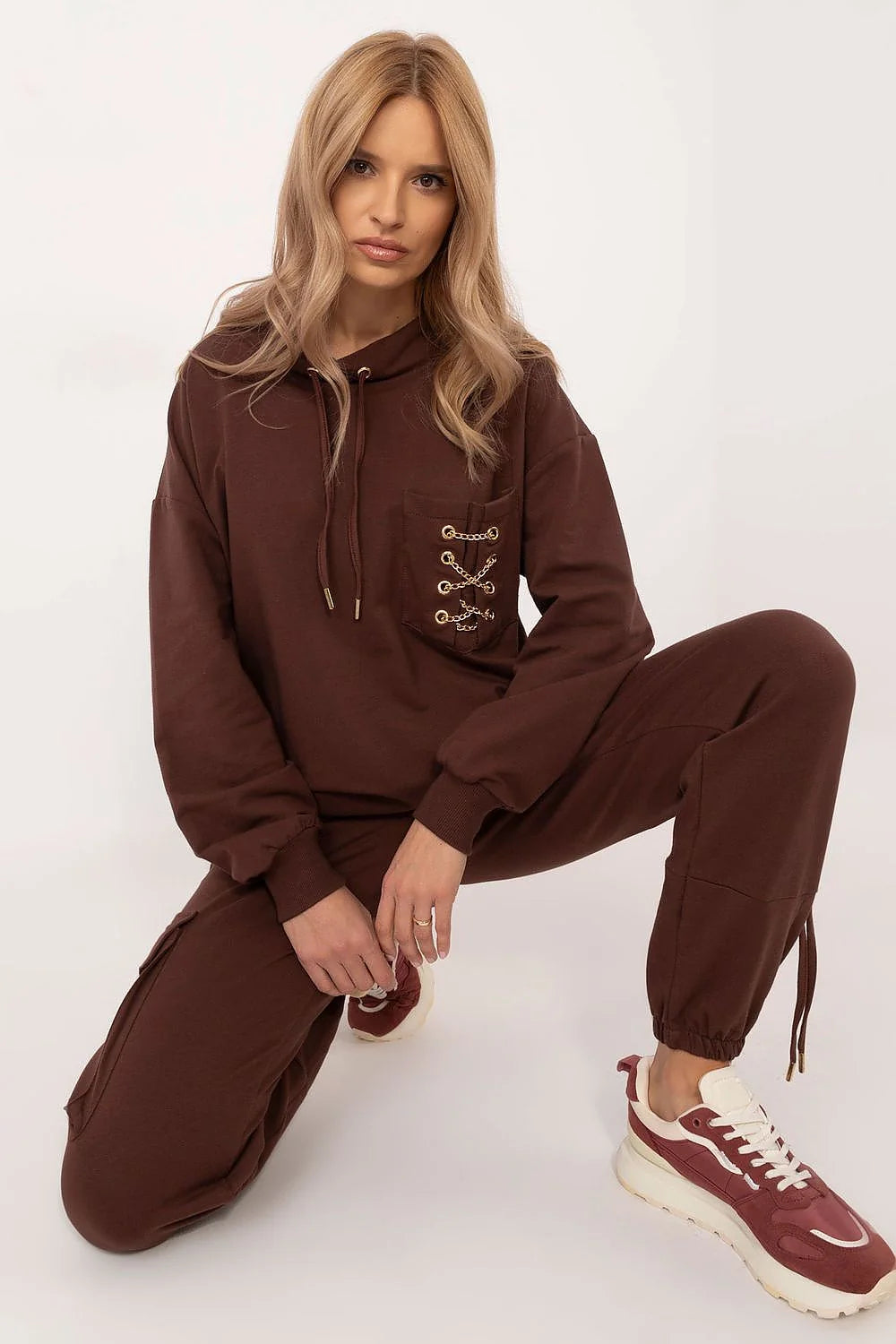 Ensemble jogging mode femme élégant coton élasthanne brun chocolat capuche poche lacing slim fit