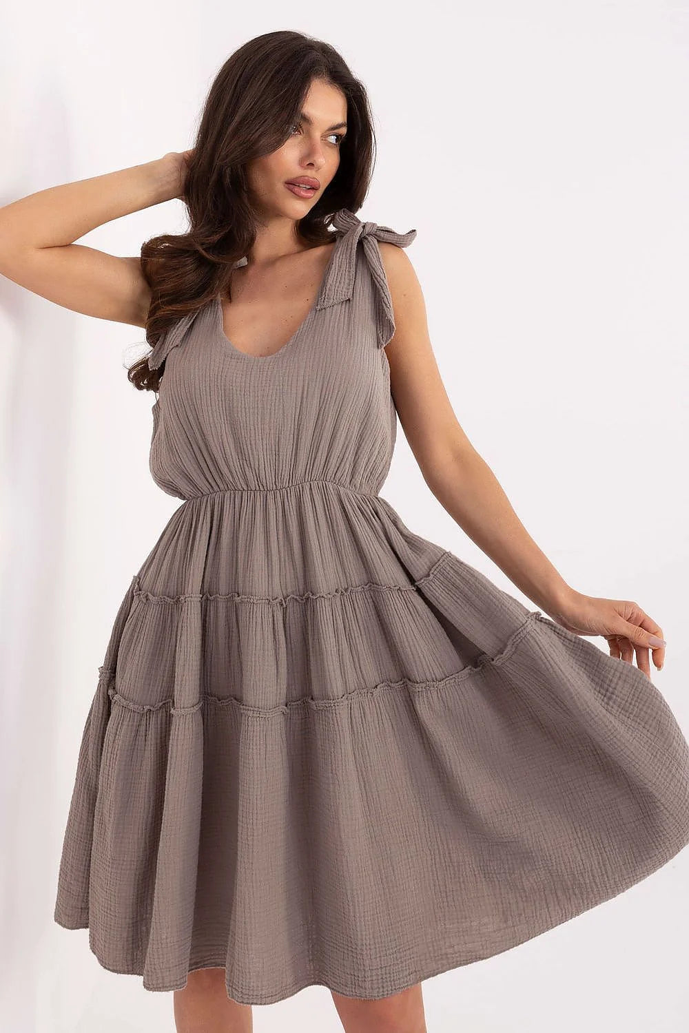 Robe d'été légère en mousseline sans manches design bohème taupe coupe évasée confortable femmes occasion détendue