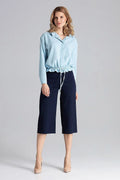 Chemise femme manches longues bleu clair élasthanne polyester coupe ample détails cordon ajustable finitions ciselées mode printemps été