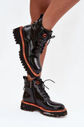 bottines femme cuir verni noir lacets zip latéral boucle oeillet orange bout rond brillant semelle plateforme crantée antidérapante doublure fourrure
