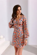 Robe de cocktail élégante imprimé floral abstrait bleu beige blanc pêche manches longues col V femmes