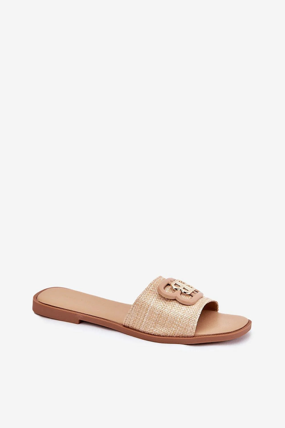 Sandales pour femmes ouvertes style moderne talon plat texture raphia beige doré logo métal chaîne cheville confortable été