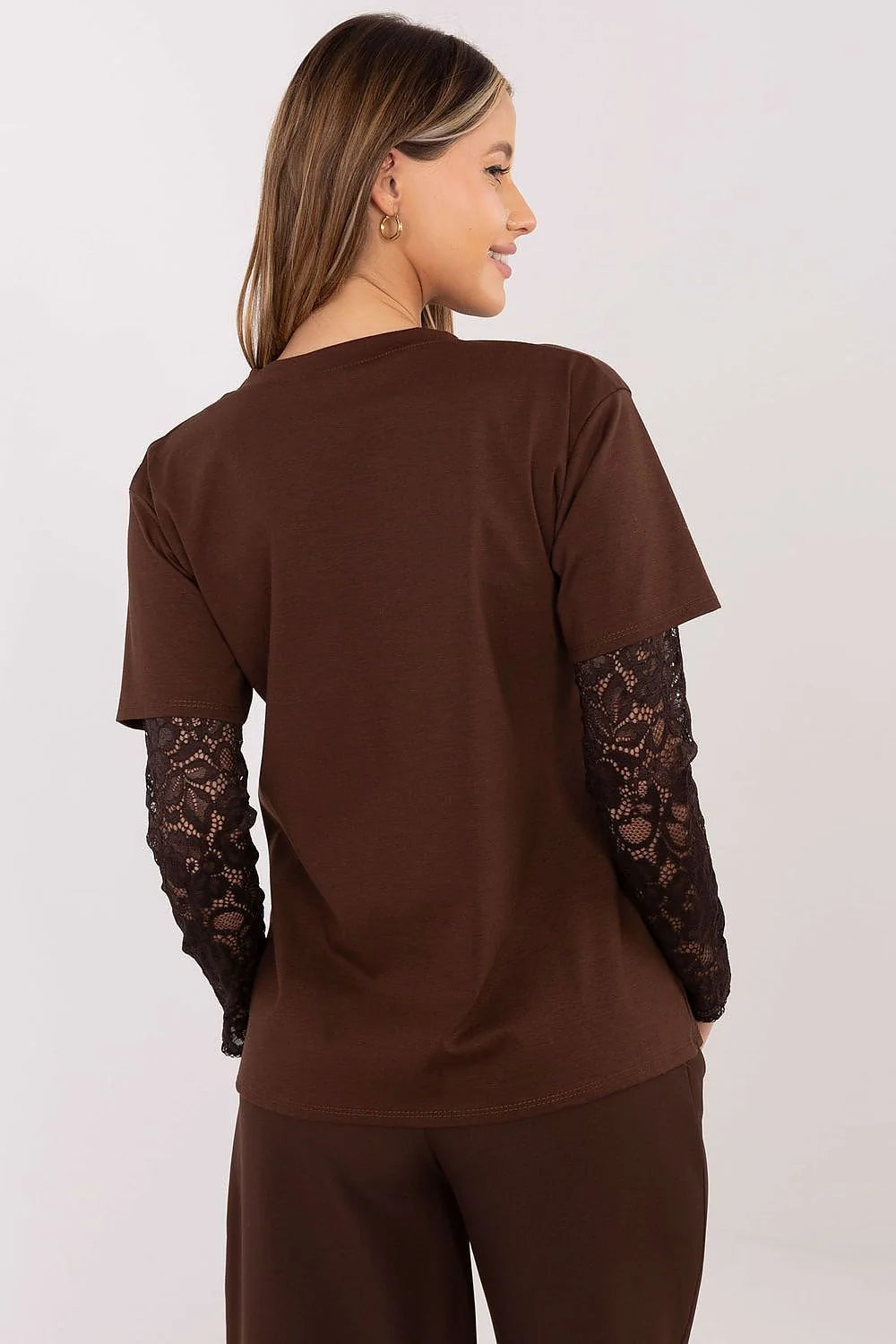 chemisier femme décontracté chocolat profond manches troisquarts dentelle florales col rond jersey coton nylon élasthanne stretch confortable respirant doux polyvalent