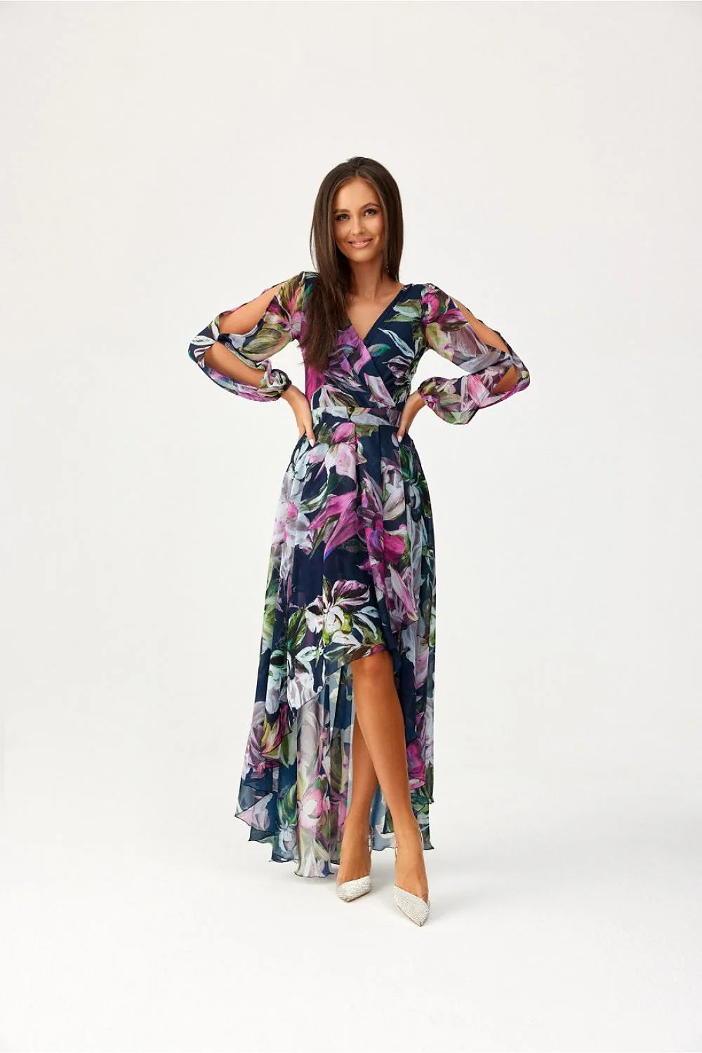 Robe de jour Roco Fashion asymétrique longueur maxi fleurs multicolores manches longues élastiques ceinture taille ajustable soirée été femme