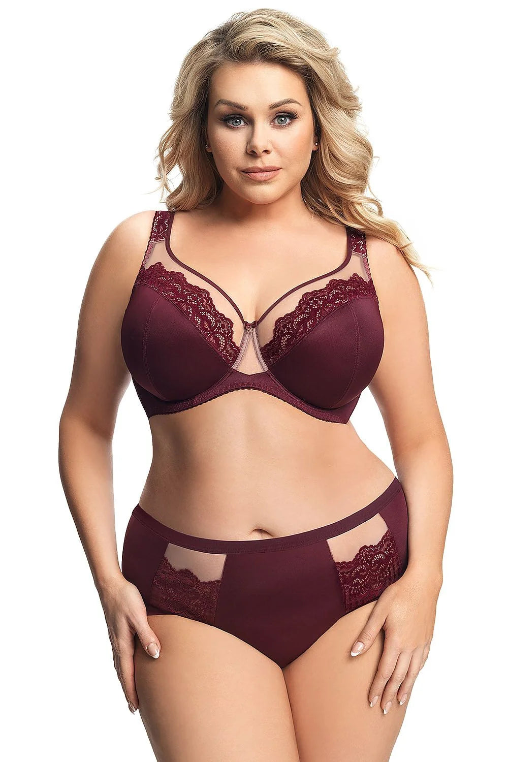 Soutien-gorge dentelle bordeaux romantique élégant confort armatures bretelles larges poitrines moyennes grandes tailles