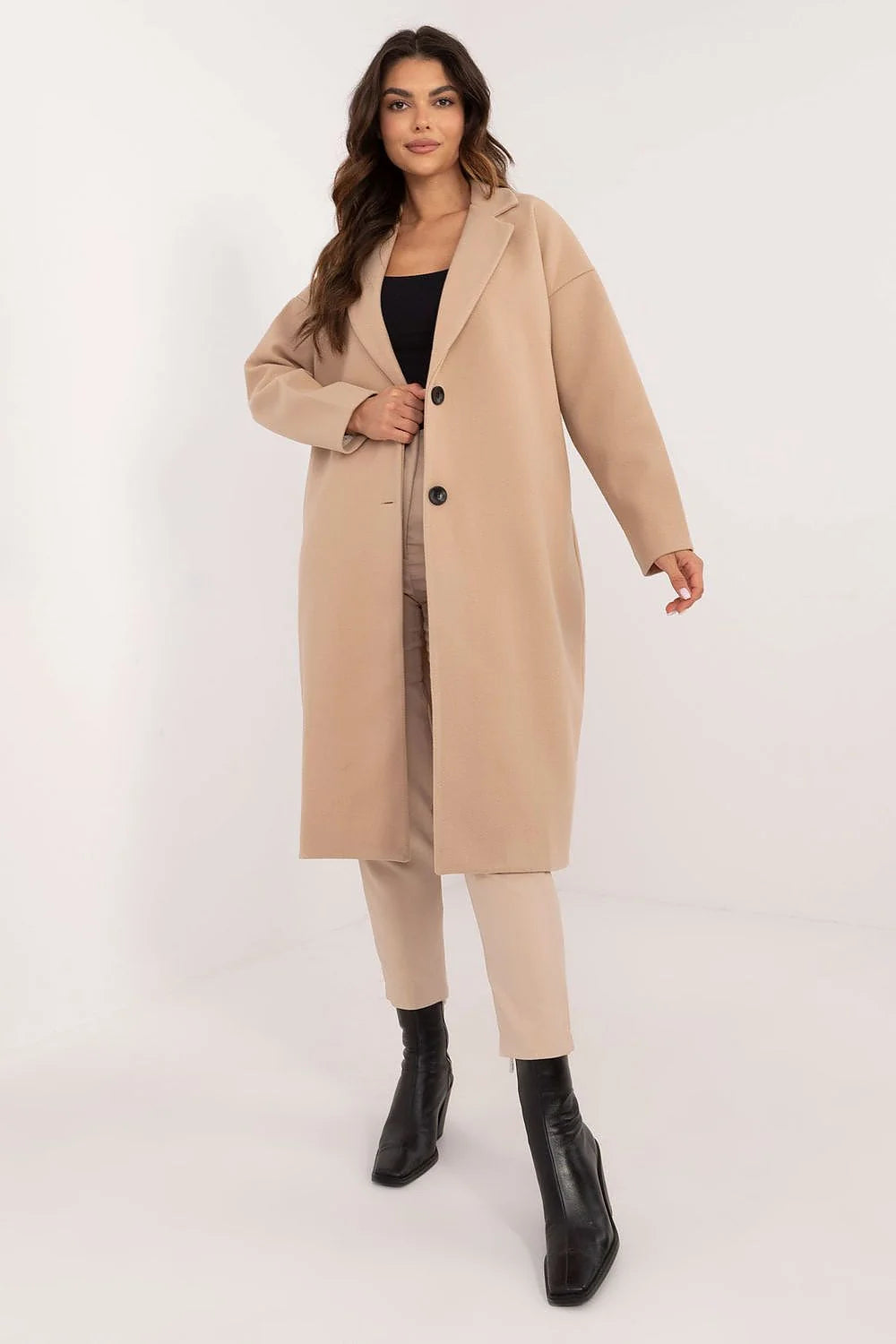 Manteau Och Bella longue pour femme design minimaliste élégant couleur beige clair laine doublure fermeture boutonnée épaules tombantes manches longues coupe droite automne-hiver