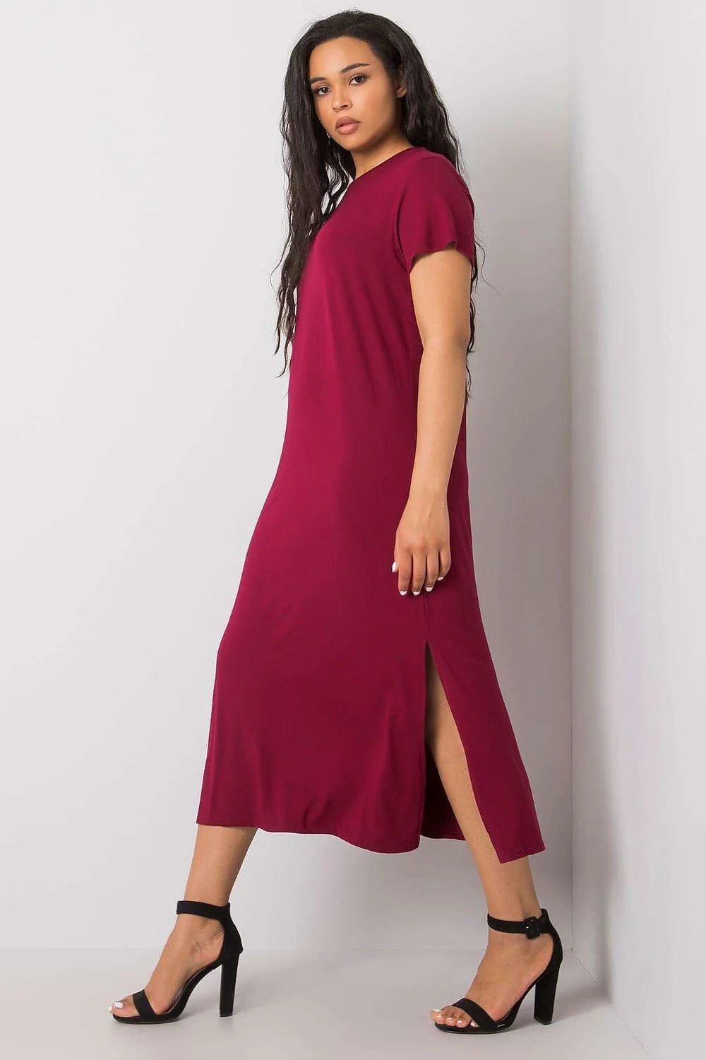 Robe d'été taille plus manches courtes robe bordeaux fente latérale mi-longue viscose elasthanne femmes confortable