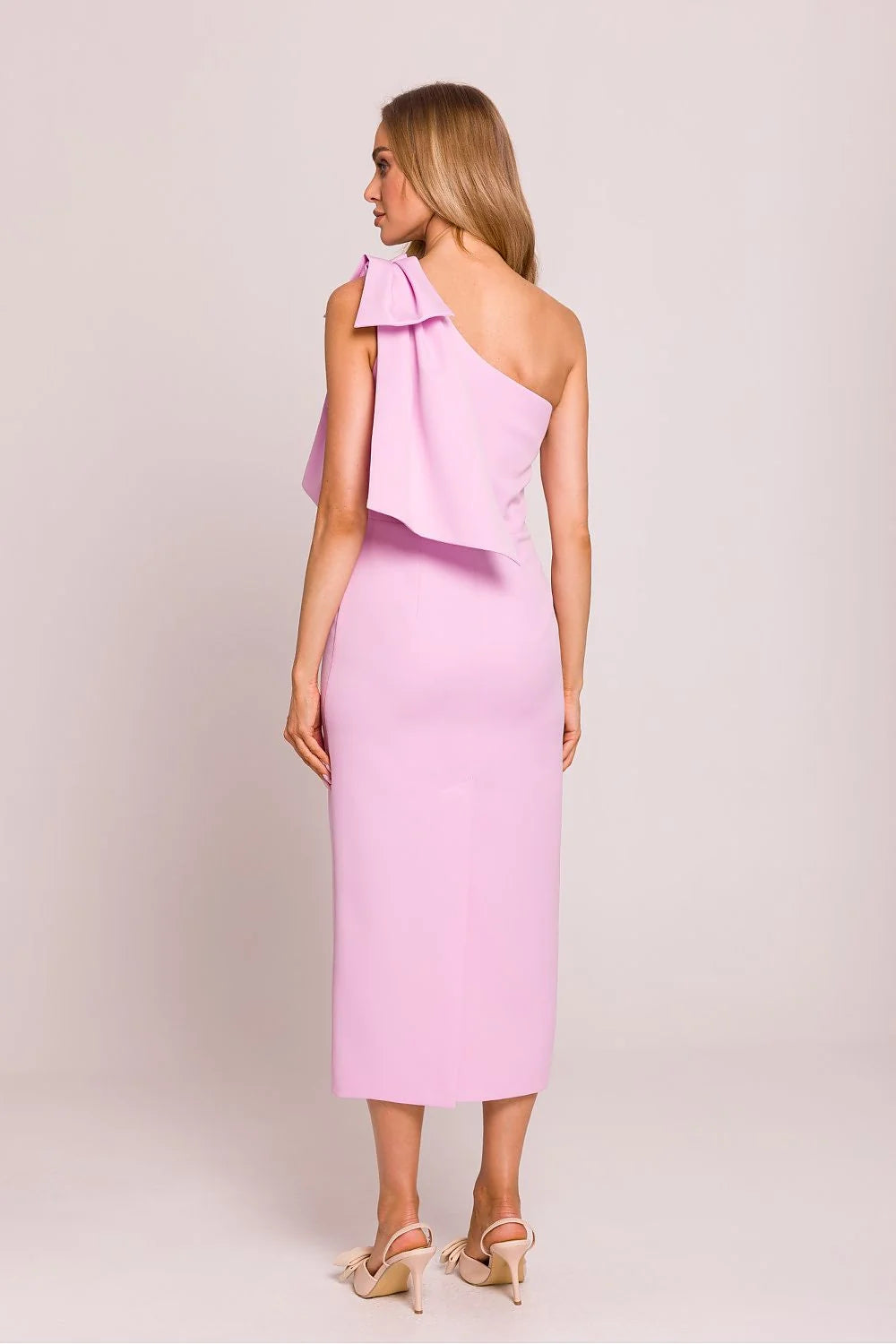 Robe de cocktail Moe asymétrique épaule rose pastel nœud décoratif midi polyester spandex femmes