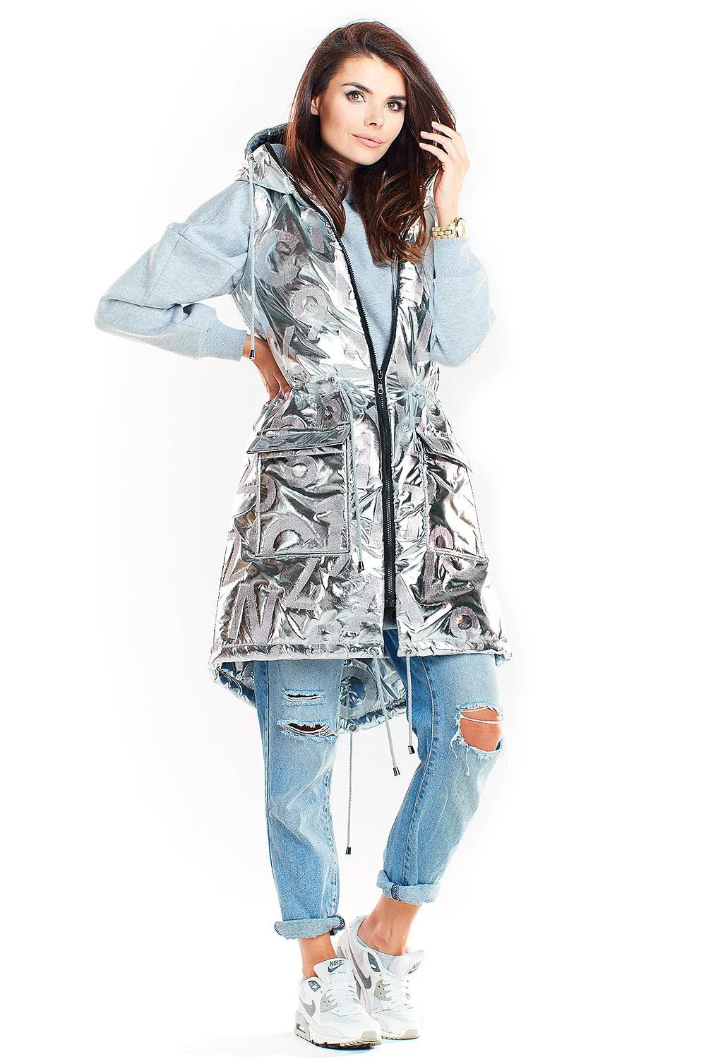 Gilet long sans manches métallisé futuriste audacieux avec capuche poches tendance urbaine automne hiver femme
