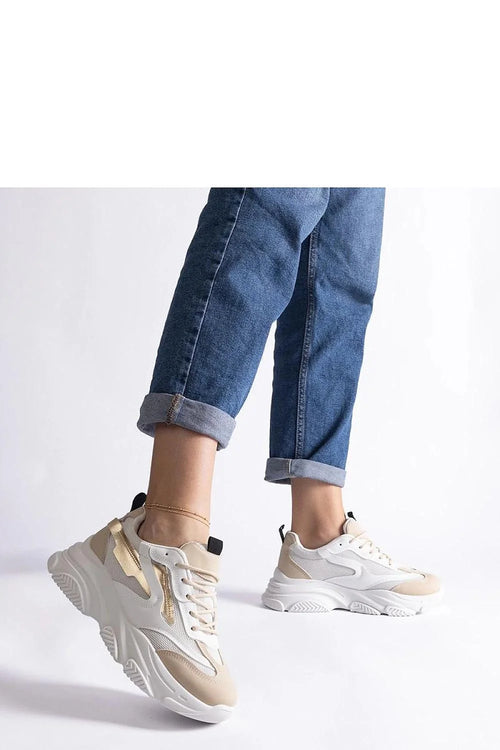 Baskets pour femmes style moderne épuré cuir synthétique mesh beige doré semelle chunky lacing blanc contrefort renforcé