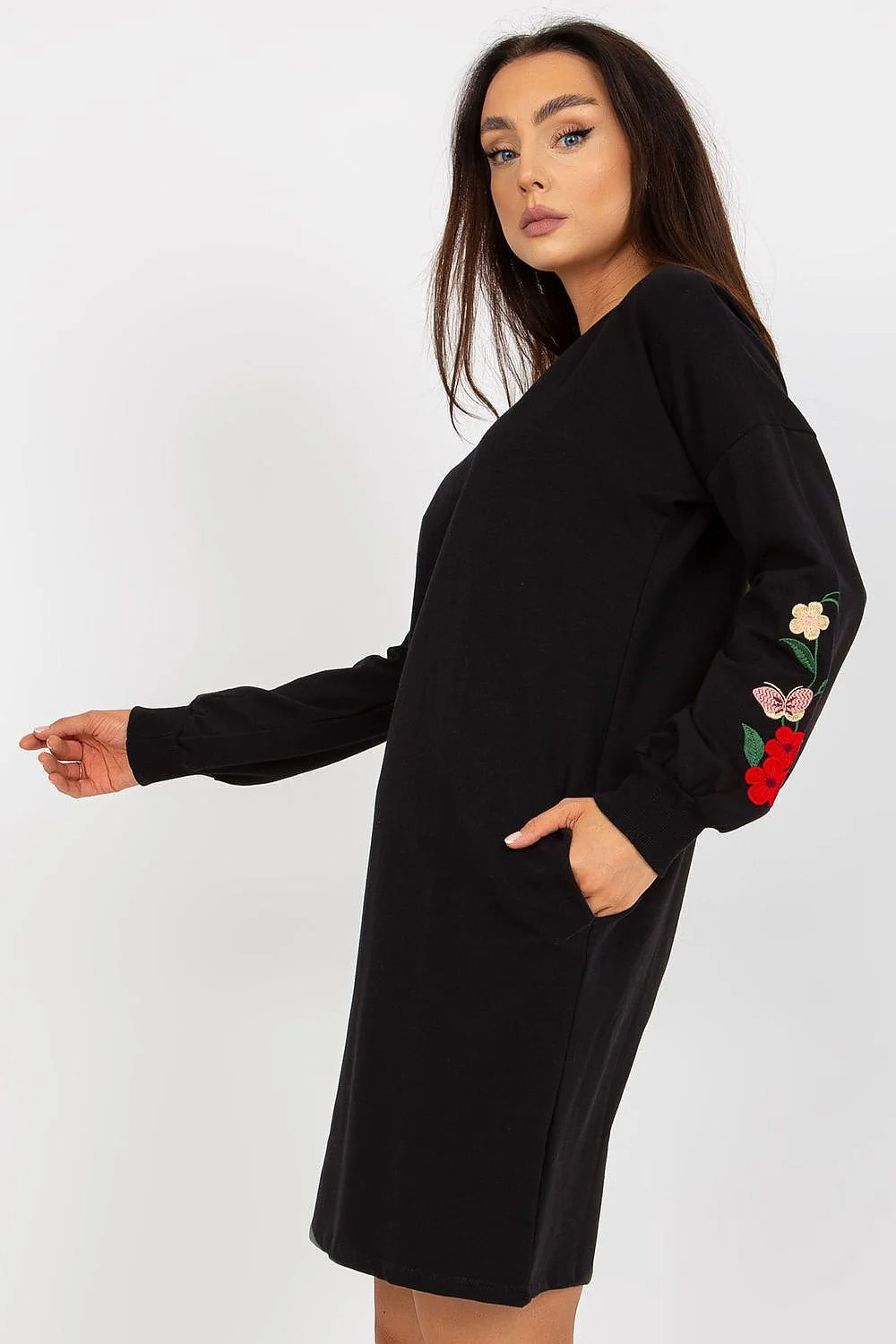 Robe de jour Rue Paris en coton élasthanne manches longues broderie florale poches latérales femmes