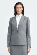 Tailleur femme blazer veste jupe classique rayures gris épaules structurées fermeture unique bouton Business sophistiqué modern