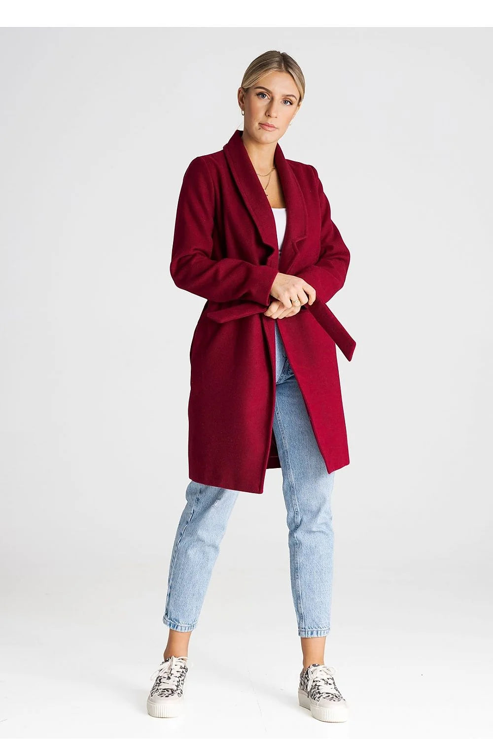Manteau pour femme élégant longueur genoux couleur bordeaux col châle ceinture ajustable laine mélangée doublure intérieure manches longues automne hiver