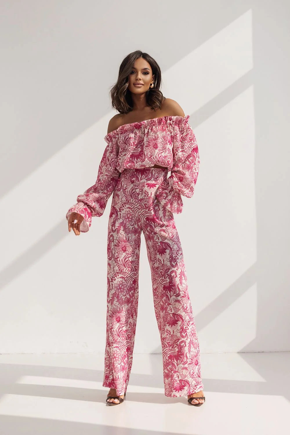 Ensemble La Balancia pour femme élégant été floral épaules nues volants pantalon taille haute manches longues