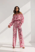 Ensemble La Balancia pour femme élégant été floral épaules nues volants pantalon taille haute manches longues