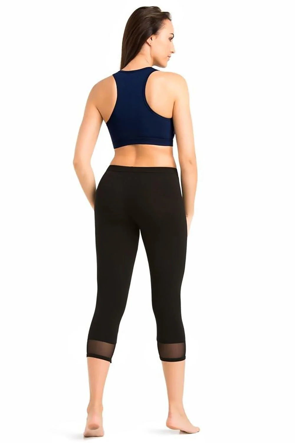 ensemble sportif femme crop top montante mesh empiècement respirant legging troisquarts taille haute noir bleu marine extensible élasthanne