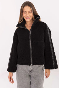 veste femme teddy sherpa noir coupe courte col montant fermeture zippée métallique polaire bouclée douillette bandes simili cuir