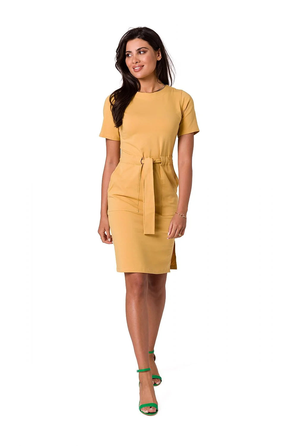 Robe de jour Be Wear verte genou taille ajustable coton elasthanne manches courtes col rond style minimaliste femme