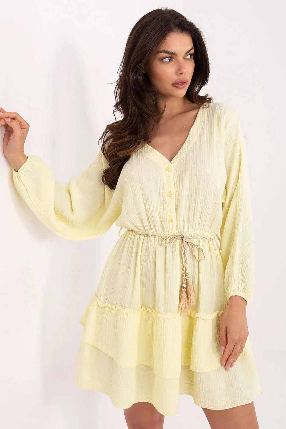 Robe de jour Italy Moda style bohème été coton mousseline jaune pâle manches longues élastiques ceinture tressée femme