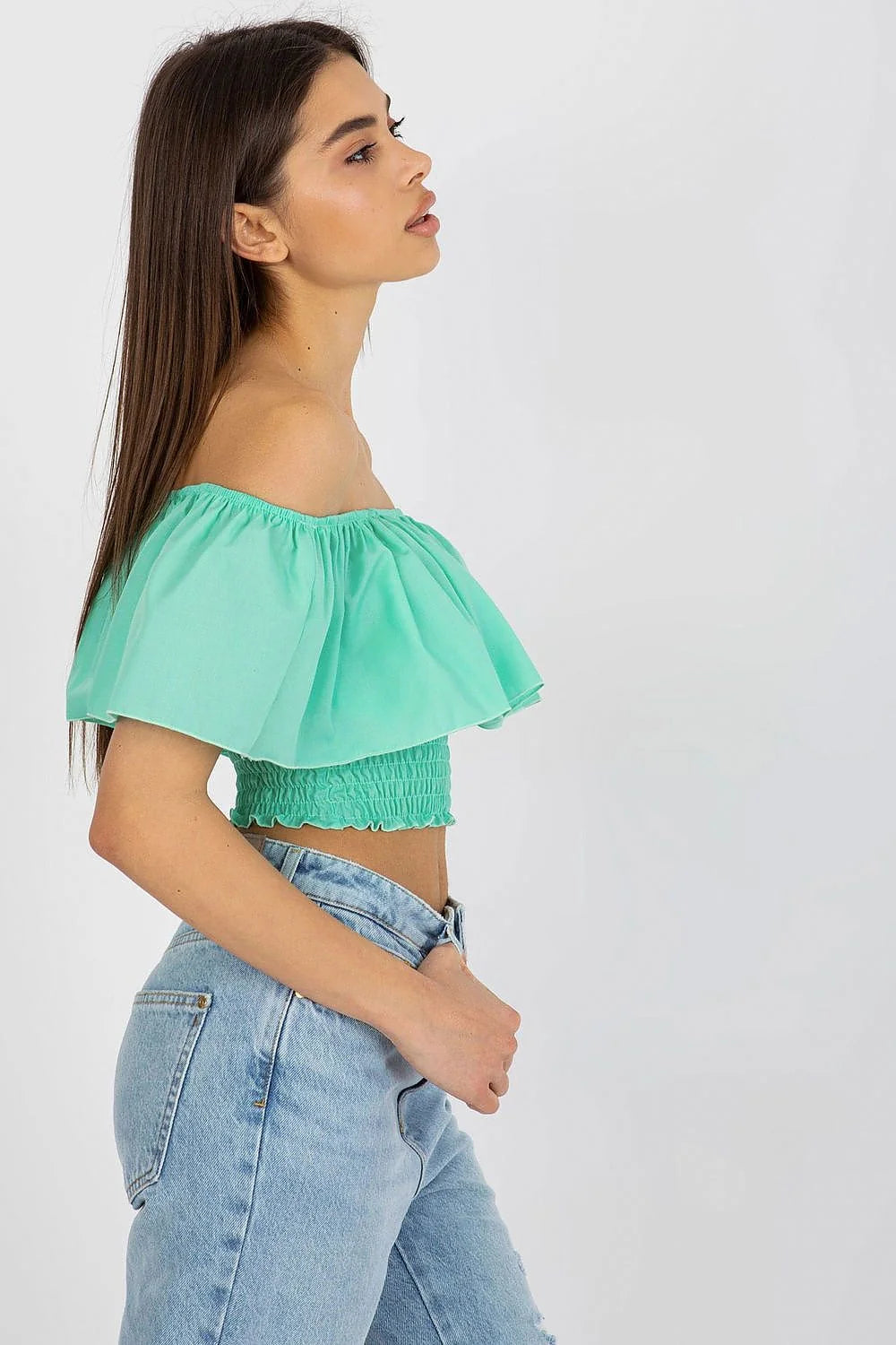 top femme bardot court crop vert menthe grand volant drapé encolure élastiquée corsage smocké coton élasthanne léger bohème