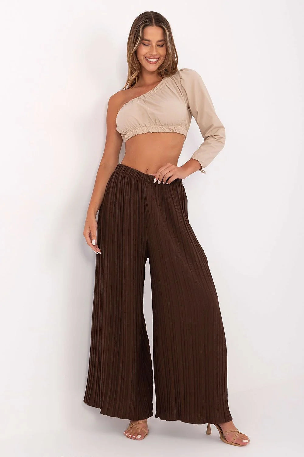 Pantalon femme large plissé Italy Moda taille haute élastique couleur brun riche style moderne occasion décontractée semi-formelle