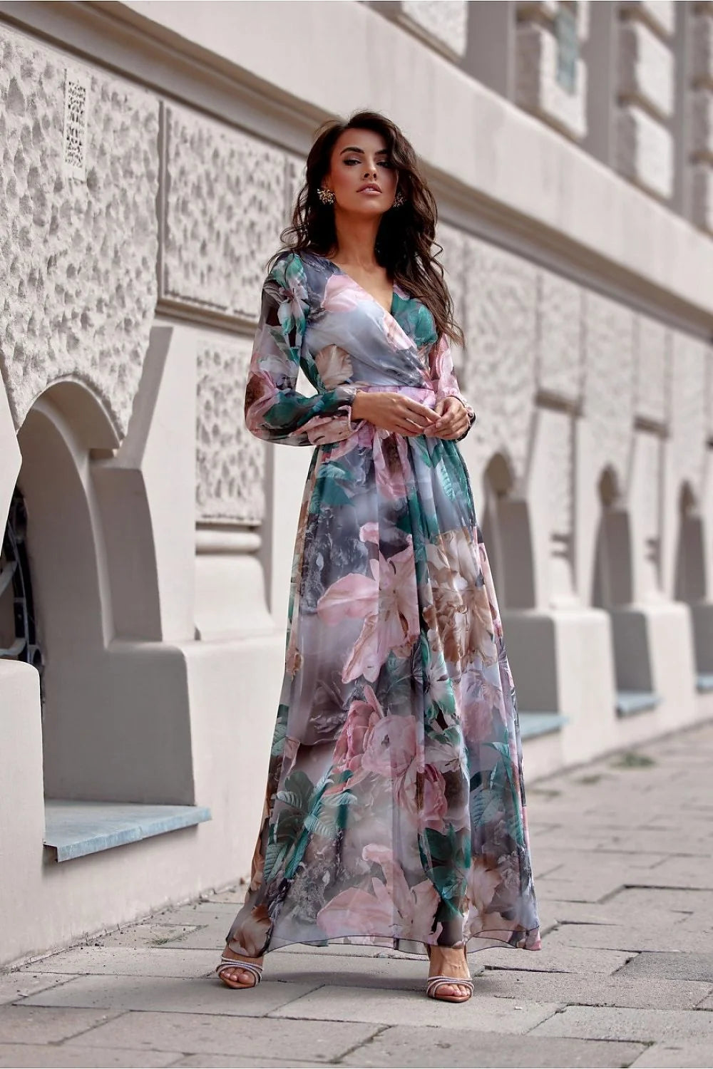 Robe longue élégante pour femme en mousseline imprimée floral rose vert beige bleu manches longues épaules balloon cache-coeur fente latérale