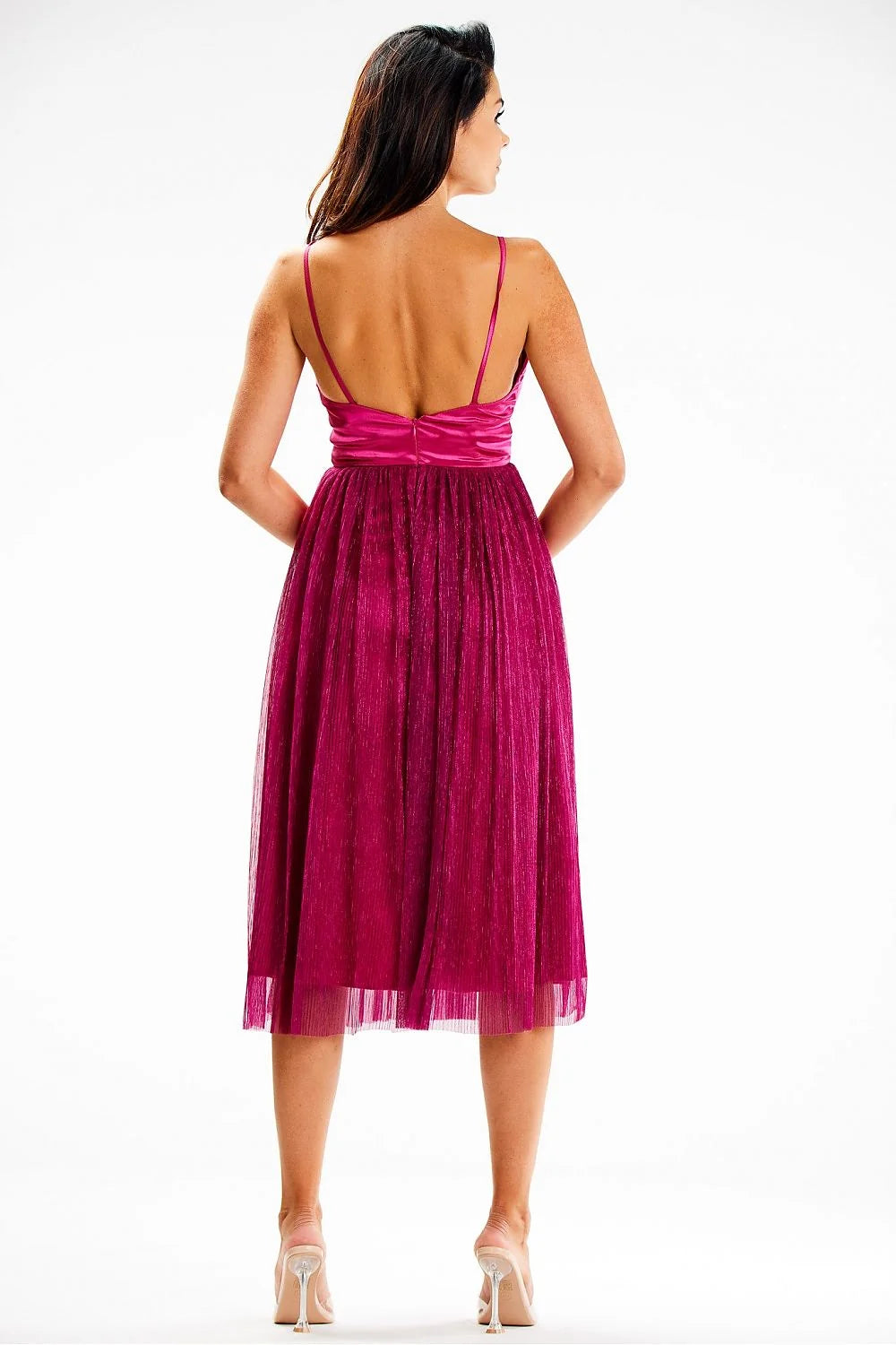 Robe de soirée élégante longueur midi sans manches fuchsia satin maille femmes occasion spéciale