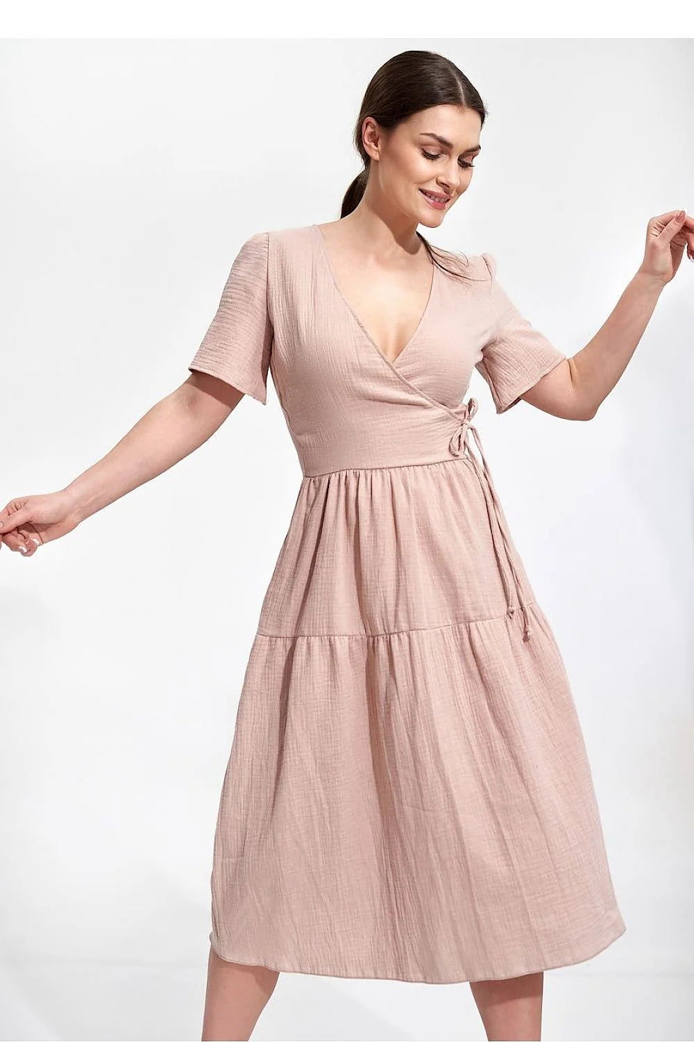 Robe de jour élégante été manches courtes encolure enveloppante coton 100 % taille ajustable femme