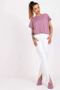 Ensemble pantalon t-shirt coton décontracté élégant femmes modernes manches courtes violet blanc fentes style