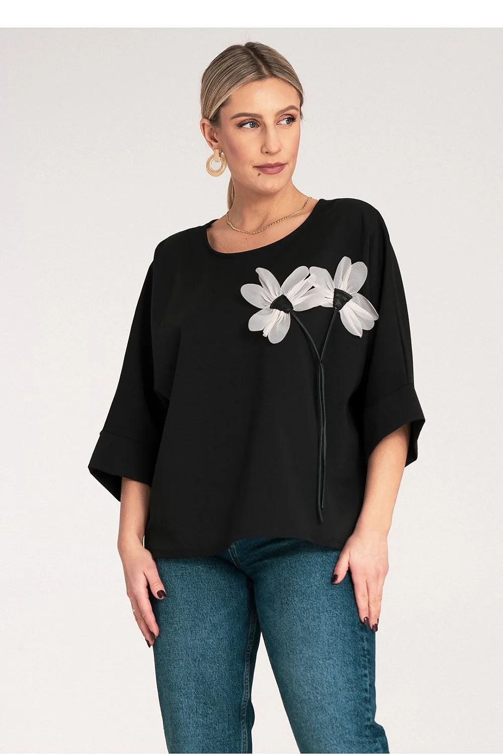 Chemisier pour femme élégant décontracté coupe ample manches mi-longues motif floral fleurs blanches noires tissu doux
