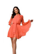 Robe de cocktail élégante couleur corail manches longues ceinture ajustable polyester femmes occasions semi-formelles