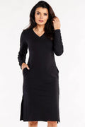robe midi noire manches longues col V maille jersey extensible coton élasthanne coupe ajustée fentes latérales poches discrètes confortable élégante