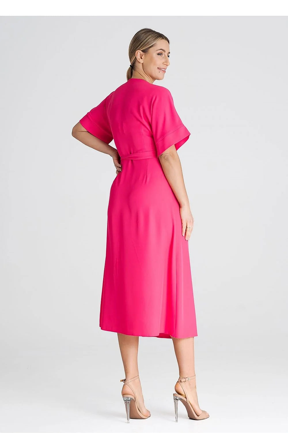 Robe de jour portefeuille couleur rose vif manches courtes ceinture latérale polyester femmes